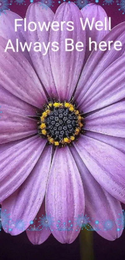 Purple flower with text overlay on mobile wallpaper.