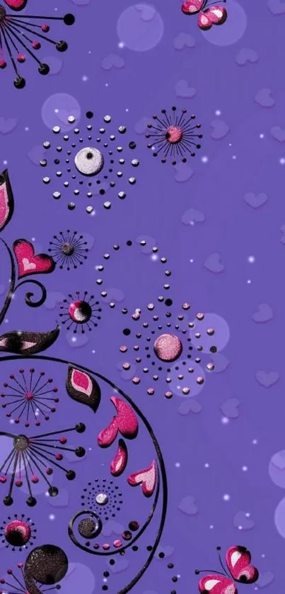 Purple mobile wallpaper with floral and butterfly design.