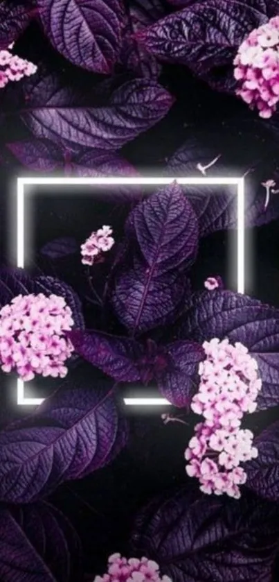 Purple floral wallpaper with neon square accent.