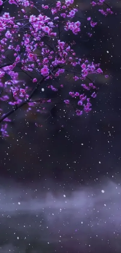 Purple flowers against a dark night sky with falling snowflakes.