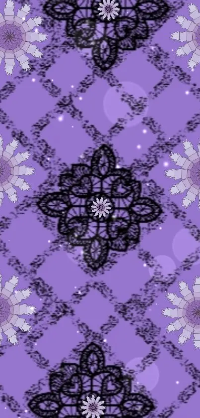 Purple floral pattern wallpaper with geometric design elements.