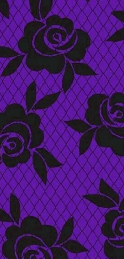 Purple wallpaper with black floral pattern design.