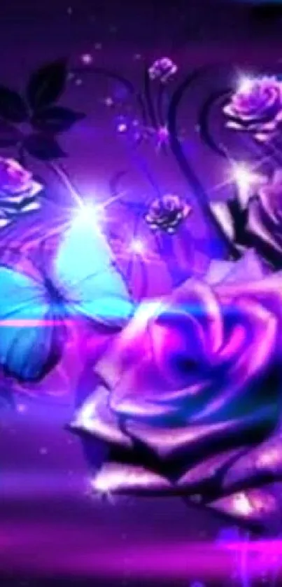 Purple roses and blue butterfly on a glowing background.