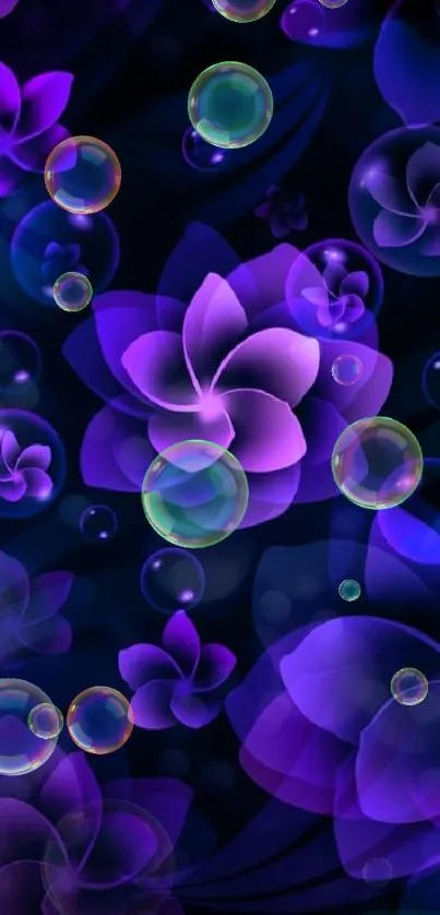 Abstract purple flowers with glowing petals on dark background.