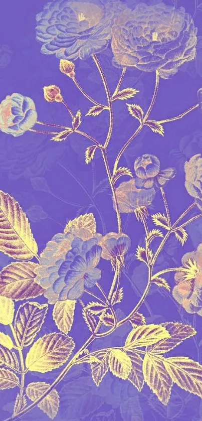 Purple floral wallpaper with roses and golden leaves.