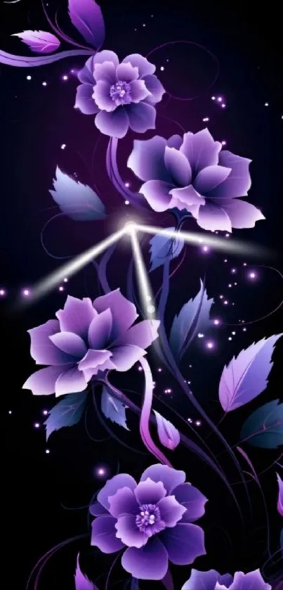 Purple floral design on dark background with glowing swirls.