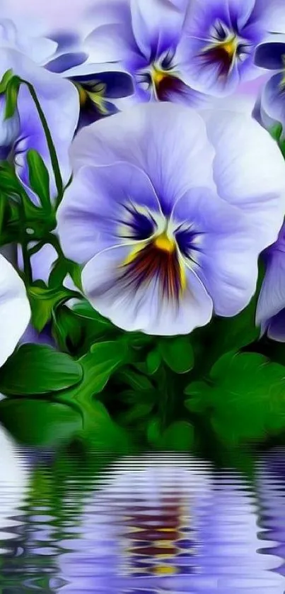 Purple pansies with water reflections creating a serene mobile wallpaper.