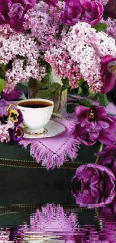 Purple floral wallpaper with serene water reflection.