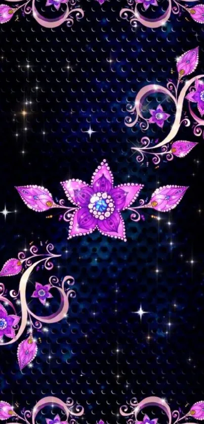 Mobile wallpaper with purple floral designs and sparkling accents on dark background.