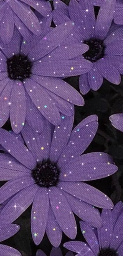 Purple flowers with sparkling details on a phone wallpaper.