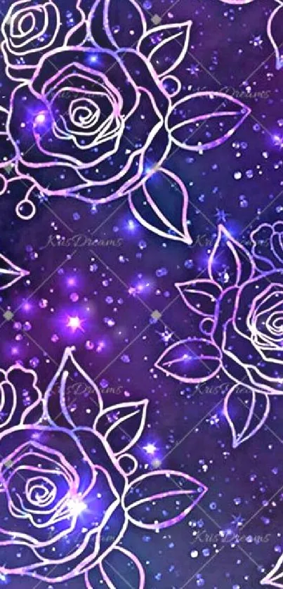 Purple floral wallpaper with roses and stars.