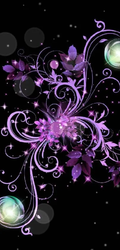 Elegant purple floral swirl on black background.