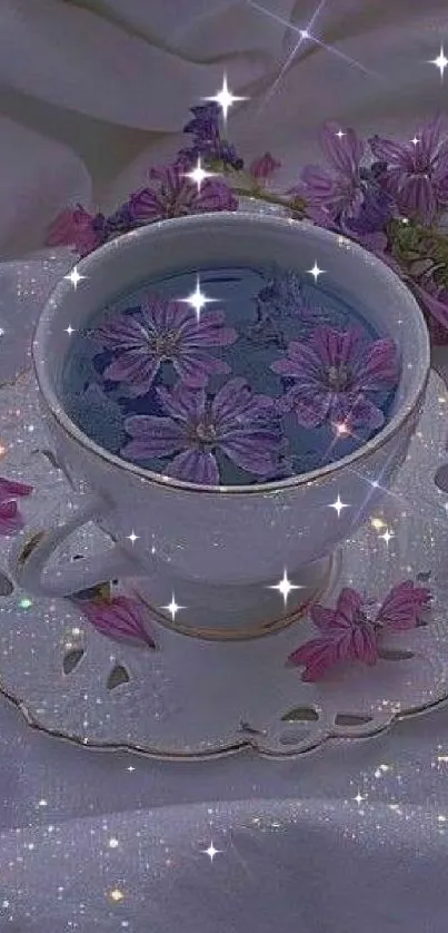 Purple tea cup with flowers and sparkles mobile wallpaper.