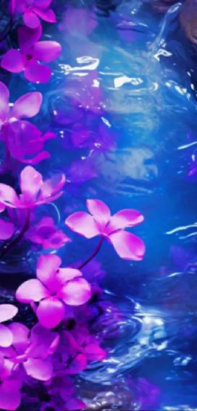 Purple flowers over serene water wallpaper.