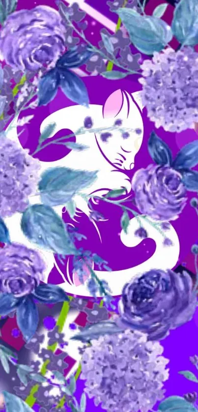 Vibrant purple wallpaper with zodiac and floral designs.