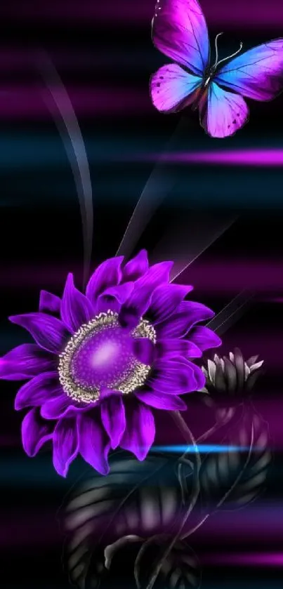 Purple flower with butterfly on black background.