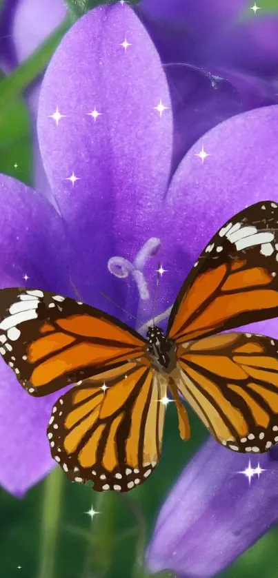 Mobile wallpaper of monarch butterfly on purple flower with sparkles.