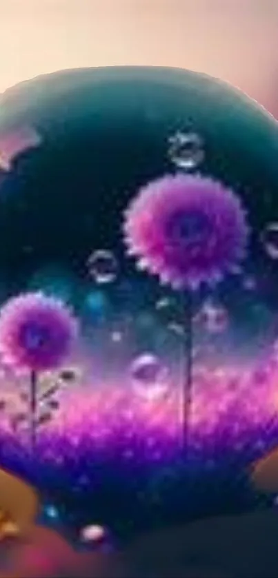 Fantasy wallpaper with purple flowers in a bubble.