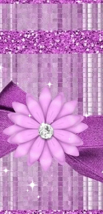 Purple glitter wallpaper with floral and bow design.