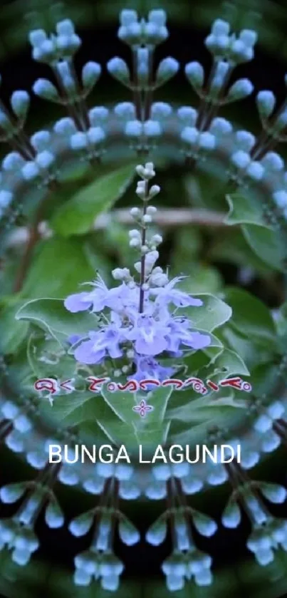 Intricate purple flower kaleidoscope design on a green background.