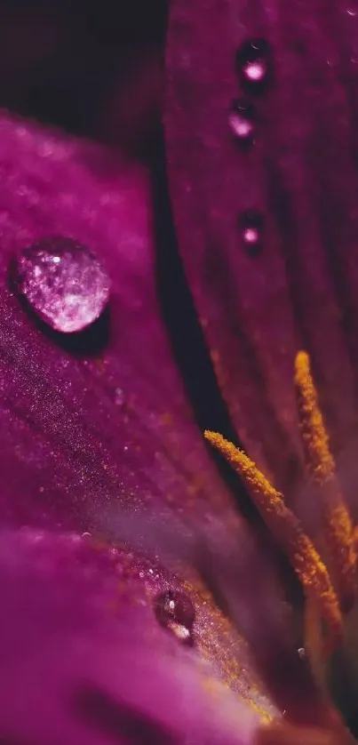 Macro close-up of a purple flower with delicate water droplets.