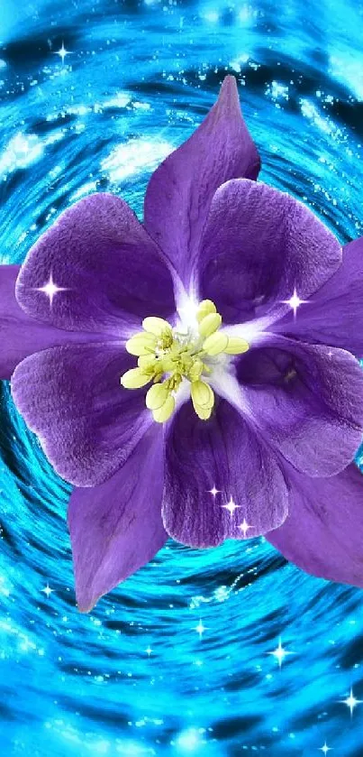 Purple flower on a swirling blue vortex wallpaper.