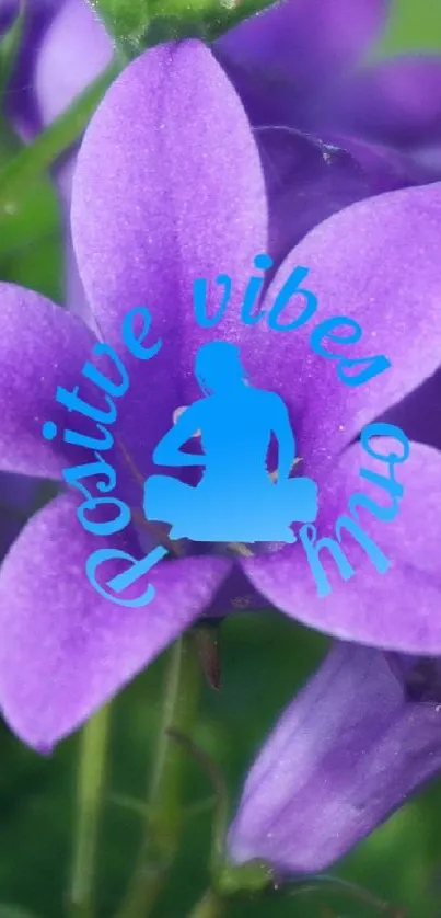 Purple flower wallpaper with 'Positive Vibes' text and meditative silhouette.