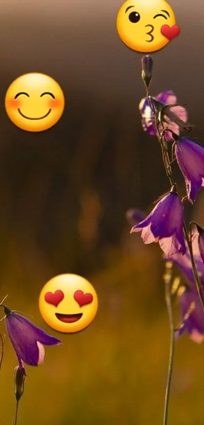 Mobile wallpaper with purple flowers and emojis.