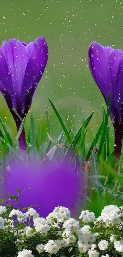 Vibrant purple flowers in a rainy garden with a green background.