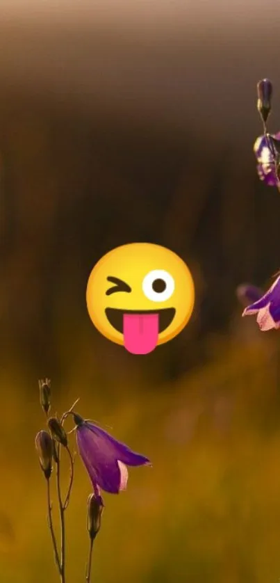 Purple flowers and emoji on a golden background.