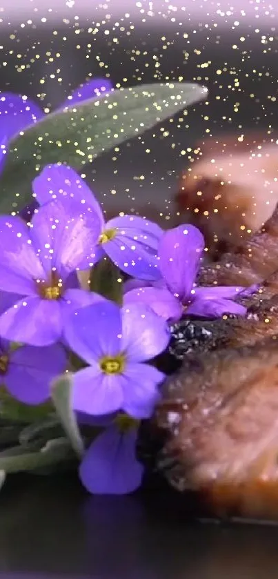 Purple flowers with grilled meat and golden glitter.