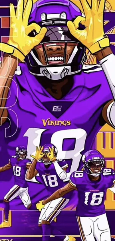 Illustrated football star in purple and gold attire.