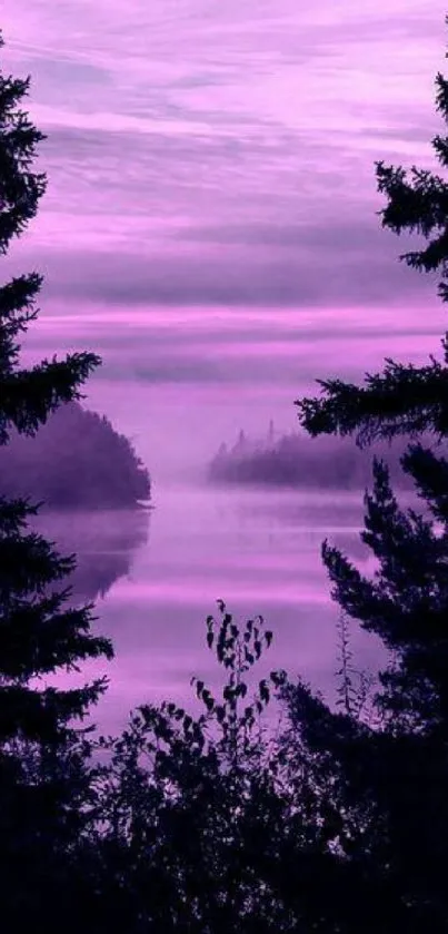 Purple forest and lake at dusk.