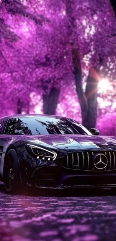 Luxury car in a vibrant purple forest setting, showcasing nature and style.