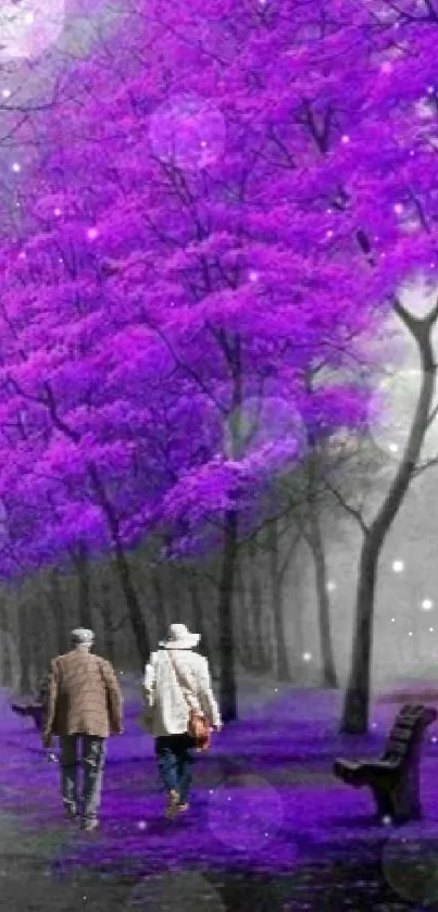 A couple walking under purple forest trees on a serene path.