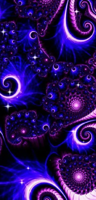 Purple fractal wallpaper with swirling patterns and vibrant details.