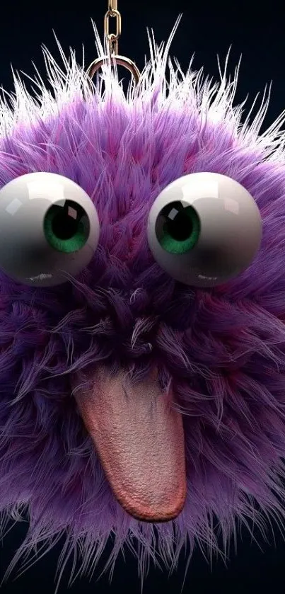 Playful purple furry creature with big eyes on a dark background.