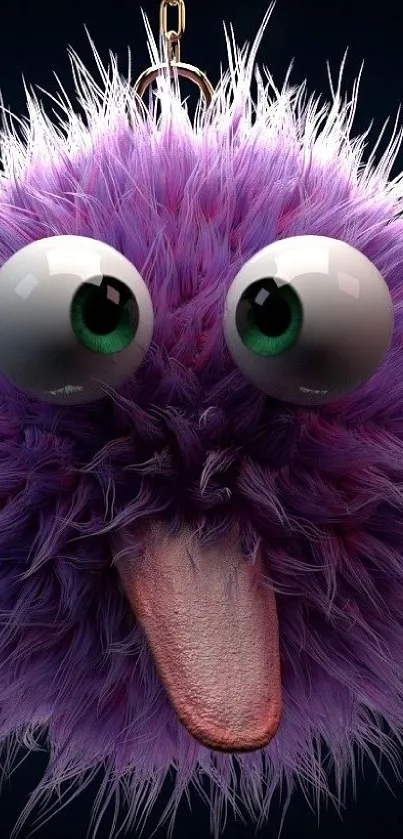 Purple fuzzy creature with big eyes and playful expression.