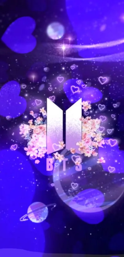 Purple galaxy BTS wallpaper with hearts and stars.