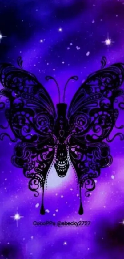 Intricate black butterfly on purple galaxy background with stars.