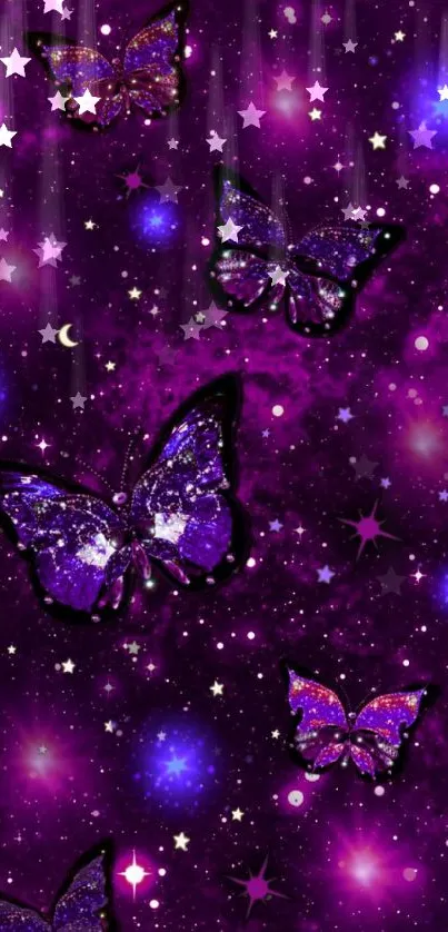 Purple galaxy wallpaper with butterflies and stars.