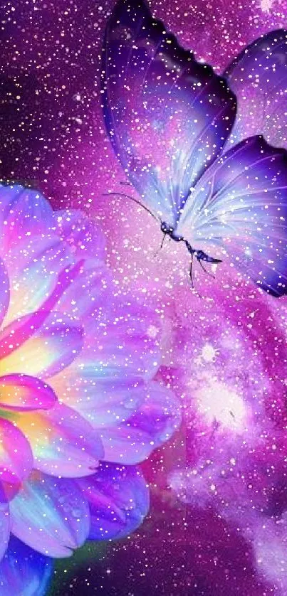 Purple butterfly and flower in galaxy background wallpaper.