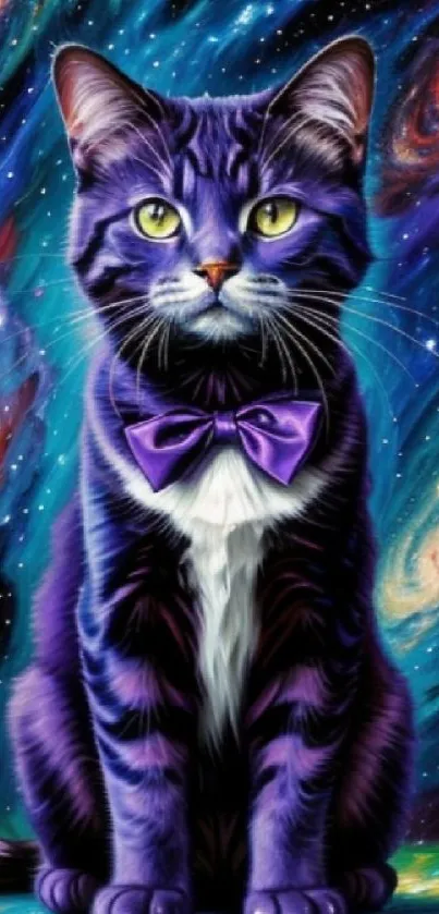 Vibrant purple galaxy cat with bow tie in a cosmic starry background.