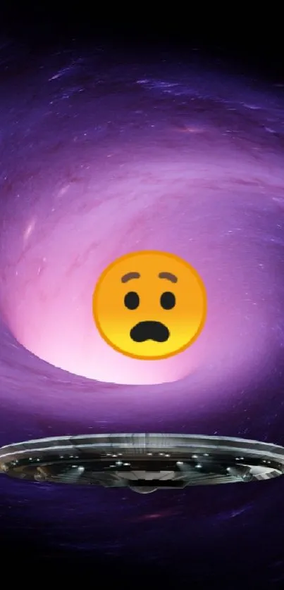 Purple galaxy wallpaper with surprised emoji and UFO spaceship.