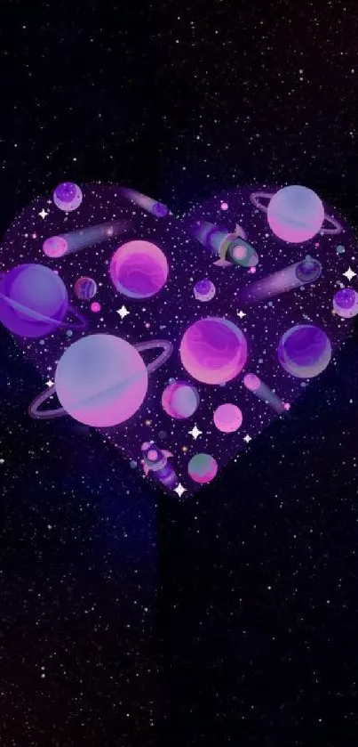 Heart-shaped galaxy with purple planets and stars.