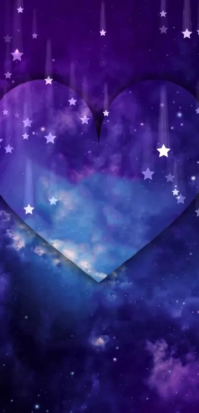 Purple galaxy heart wallpaper with cosmic design and starry background.