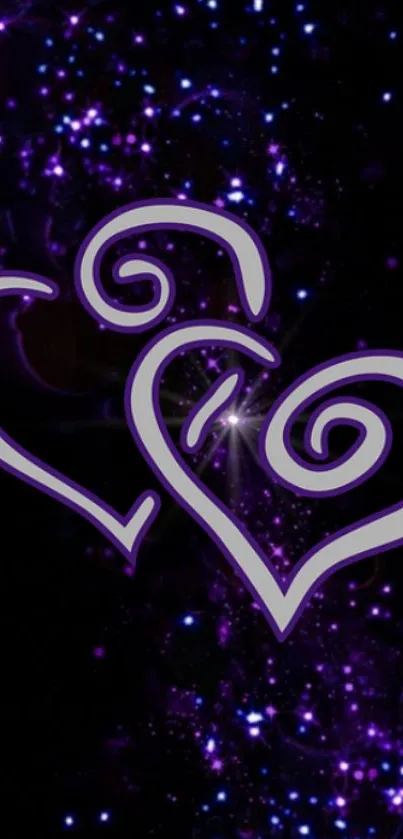 Purple galaxy background with swirling heart designs on a mobile wallpaper.