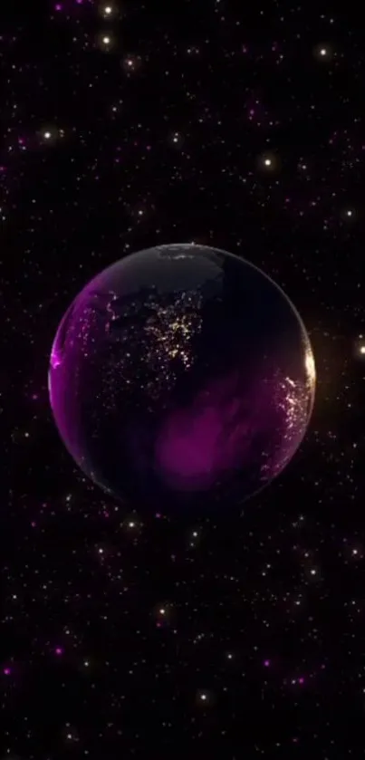 Purple galaxy wallpaper with a glowing planet and stars.