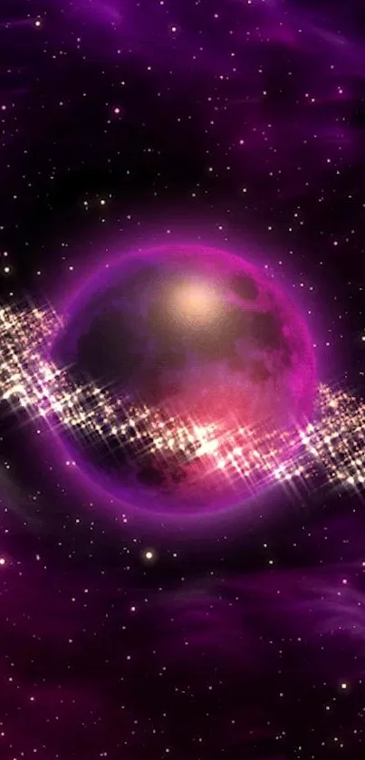 Purple galaxy planet wallpaper with stars and cosmic swirls.