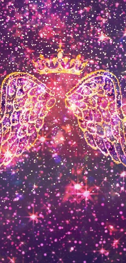 Purple galaxy wallpaper with angel wings and crown.